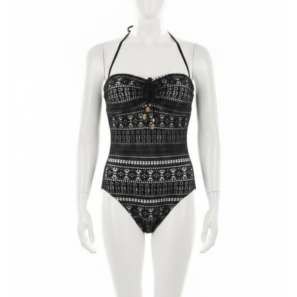 Chaps Womens Black‎ Crochet Lace One Piece Swimsuit Halter Bandeau Size 14